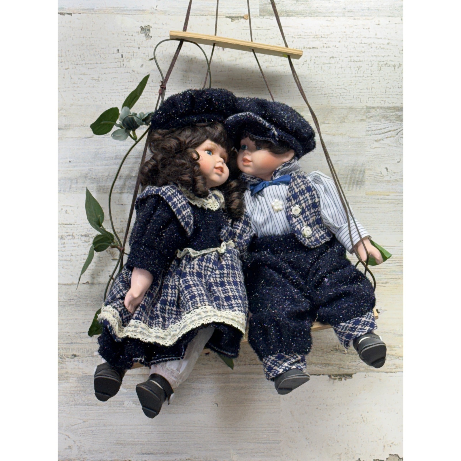 Vintage Porcelain Boy and Girl Dolls on Swing – Blue Outfit Collectible Figures