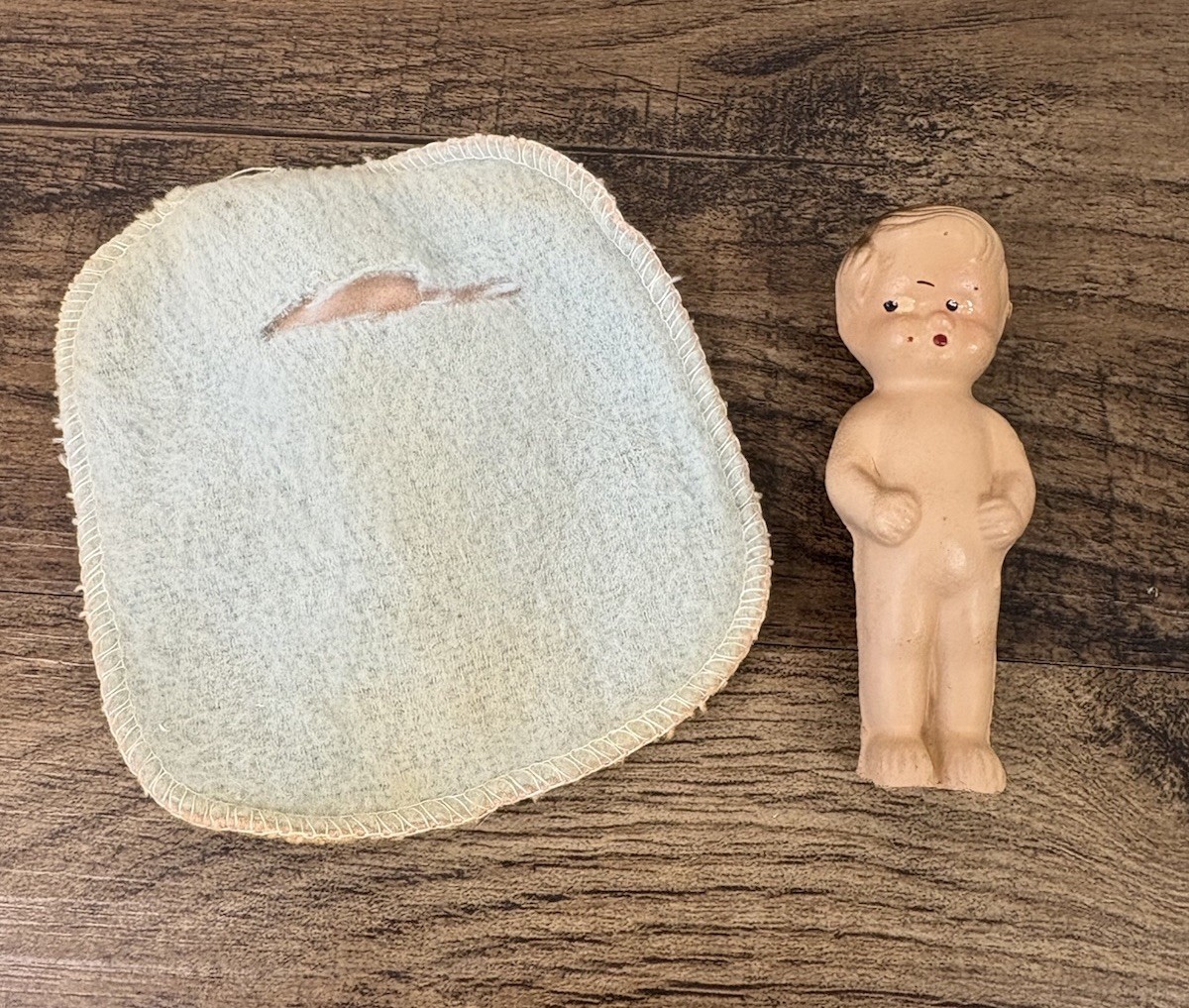 Vintage Composition Doll 3.5” Unmarked In Layette Blanket Baby Bisque