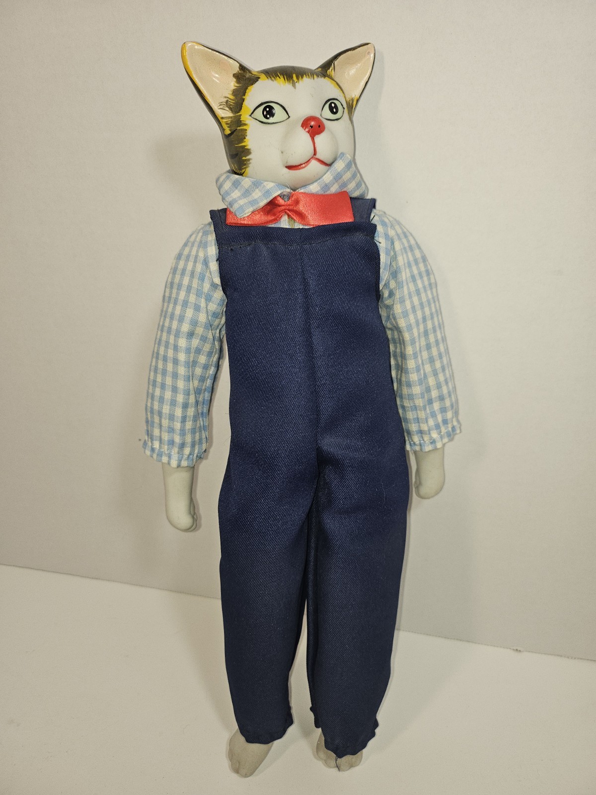 1960’s Porcelain Prestige Cat Doll In Farming Outfit. 16” Tall Overalls