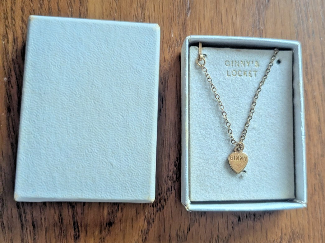 Original Vintage Ginny Doll Gold Heart Charm Necklace in Box 1950’s Jewelry
