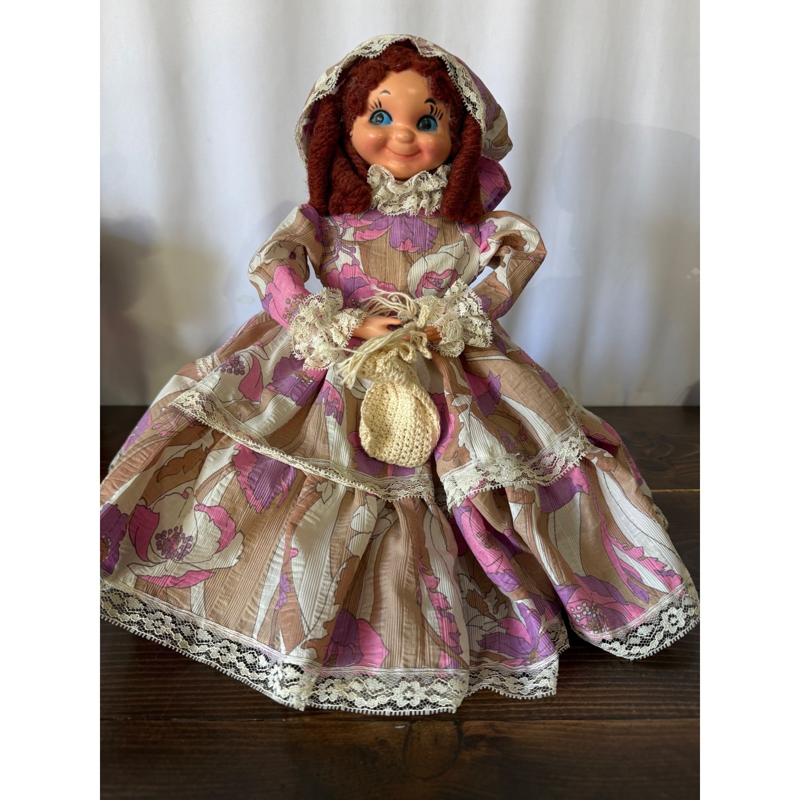 VTG Soap Bottle Plastic Boudoir Doll Pink Floral Dress Bonnet 12 Inch Homemade