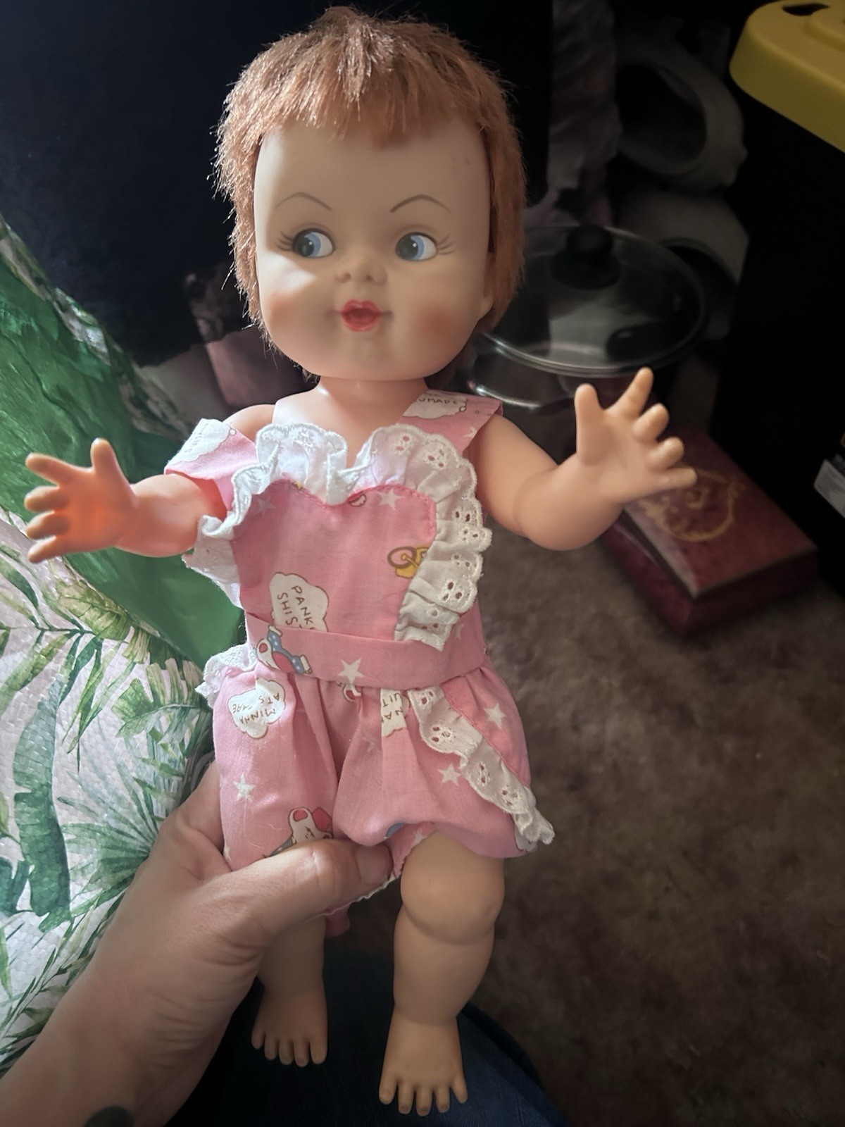 Pebbles Light Complexion Red Straight Hair Blue Eyes Plastic w/ Pink Outfit