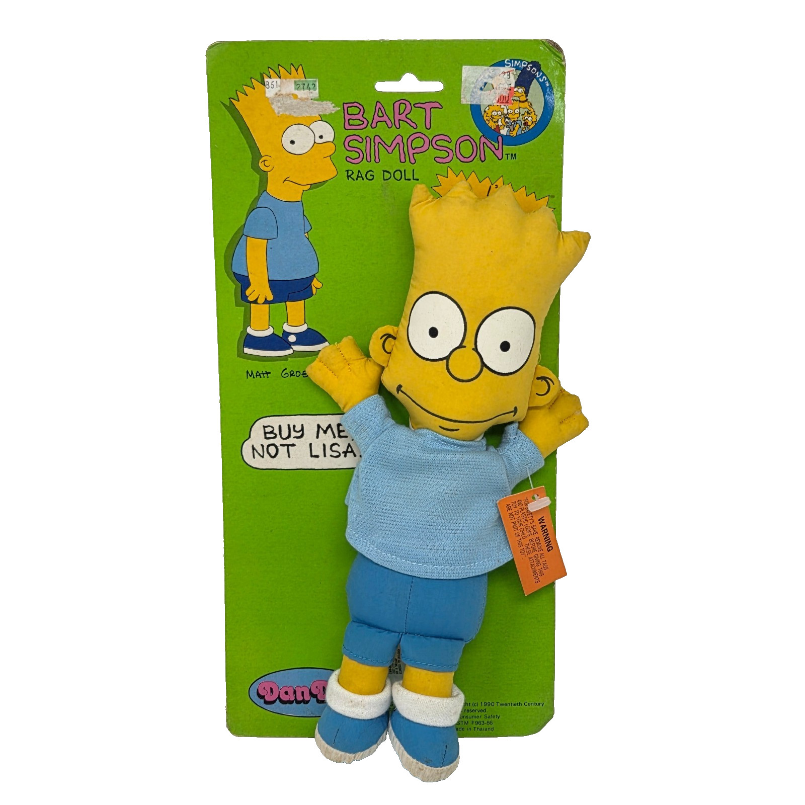 VINTAGE 1990 DAN DEE BART SIMPSON STUFFED ANIMAL PLUSH 11″ RAG DOLL ON CARD