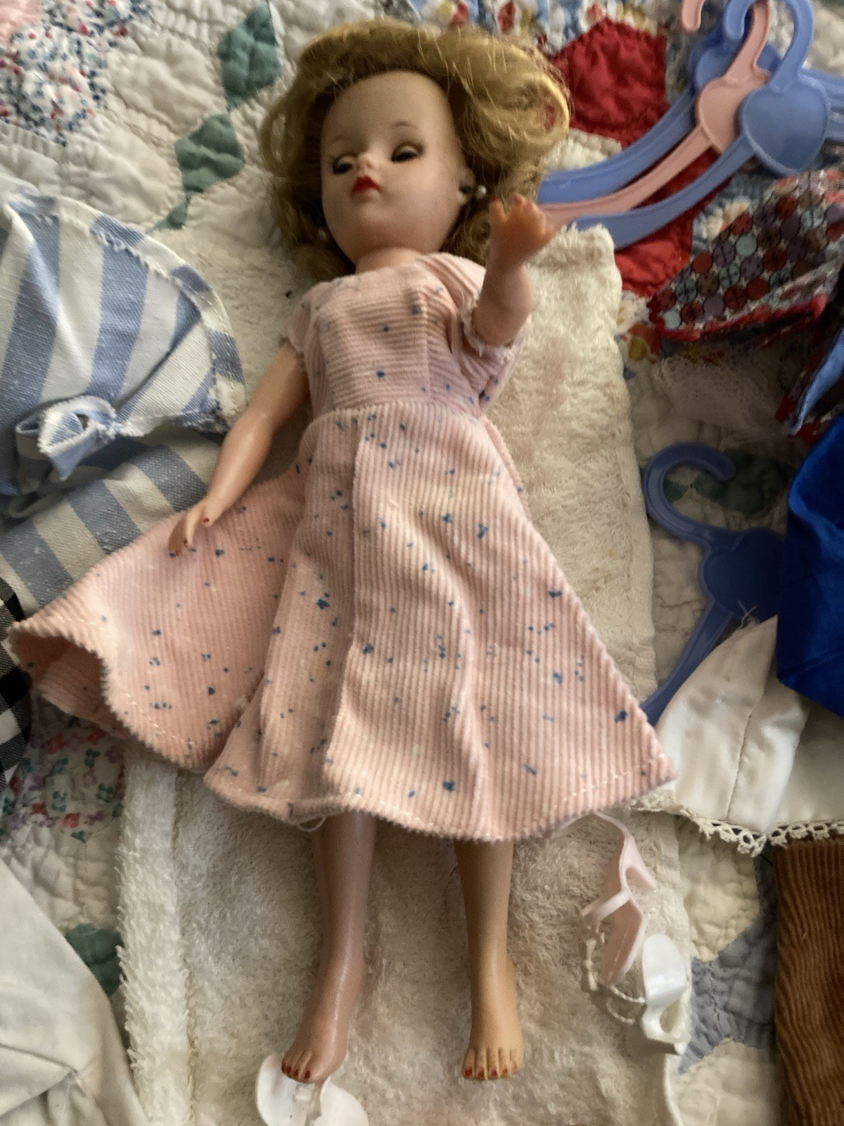 Vintage 10 1/2 In Fashion Doll Unmarked. Twist Waist, Earrings, Clothing, Hanger