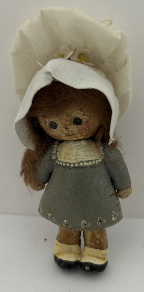 Vintage Baked Clay Girl Doll with Hair and Fabric Bonnet 4″ Folk Art