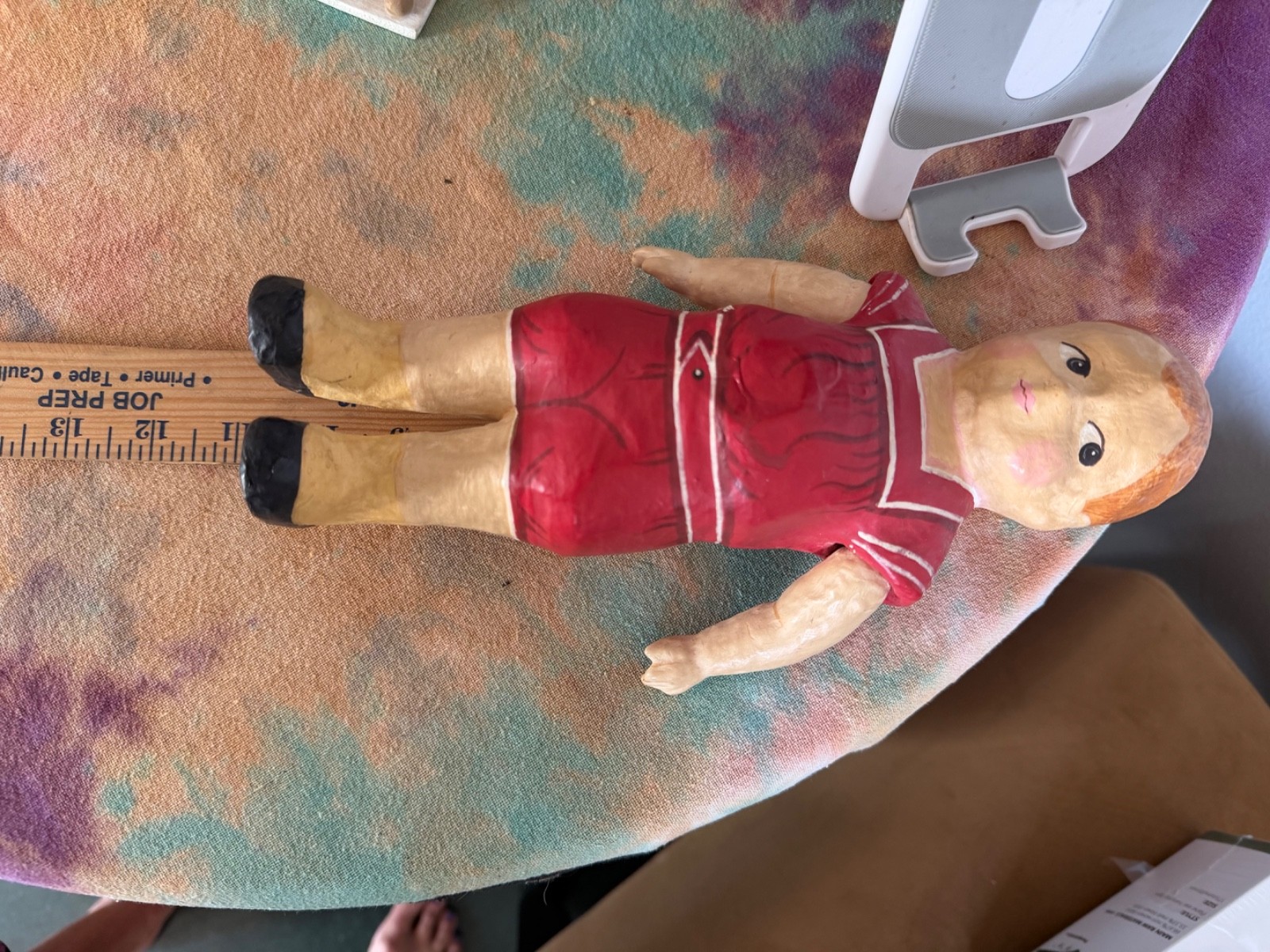 Paper Mache Doll Primitive Jointed Arms Vintage Red Outfit Hand Painted