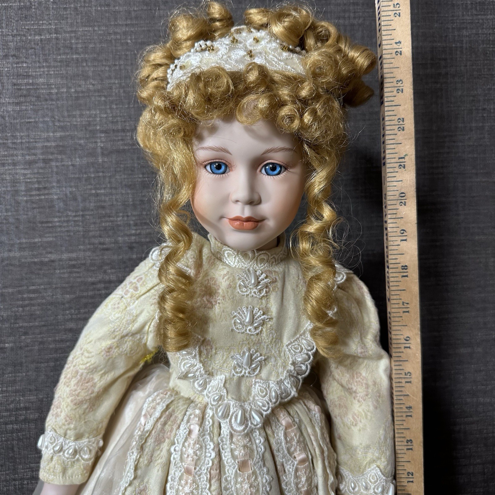 Vintage 24 inch Victorian Style Porcelain Doll – Blonde Curly Hair & Lace Dress