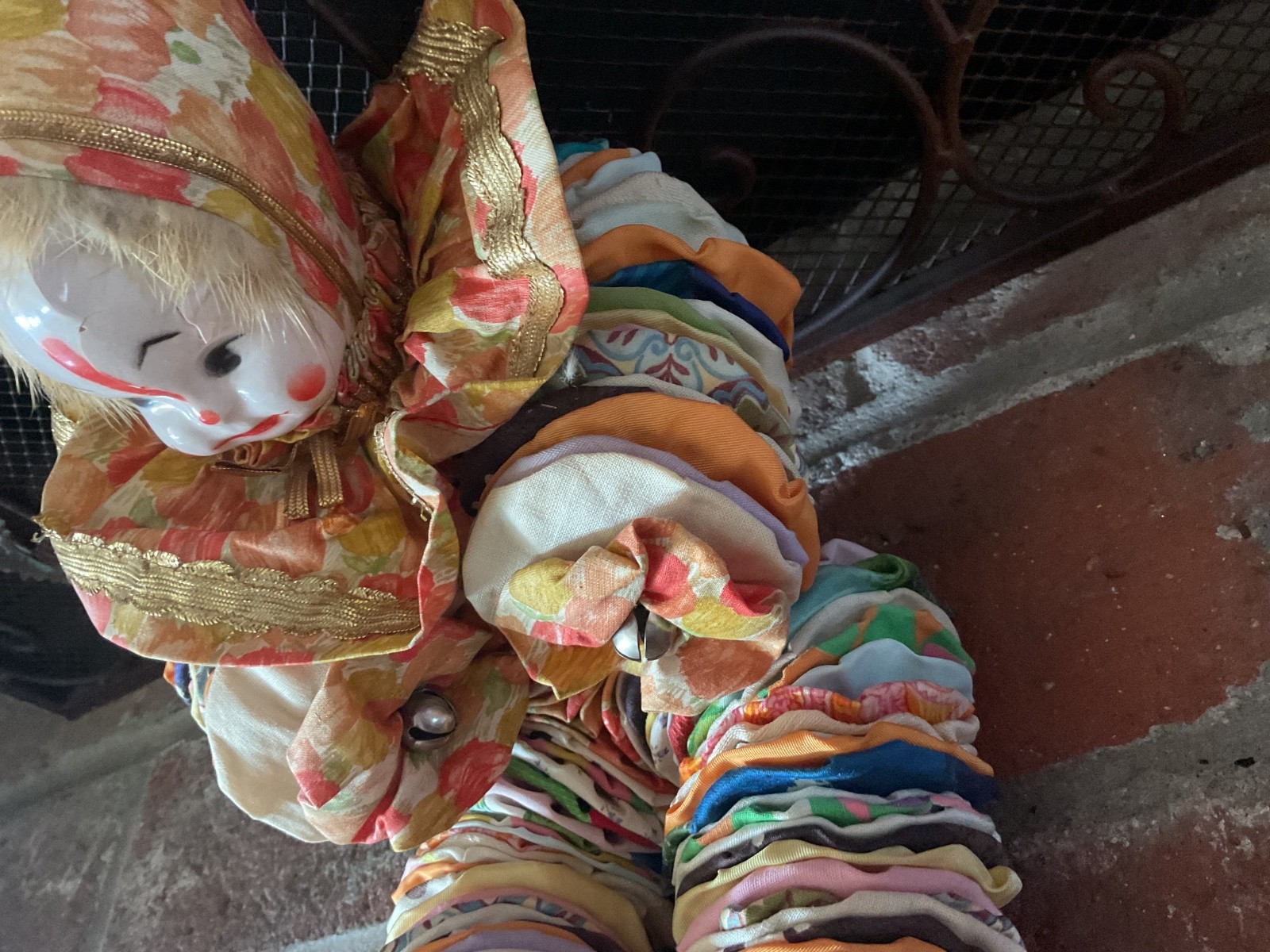 Vintage Yo-Yo Clown Pixie Elf Doll Peach Circles Fabric Plastic Face Flaw