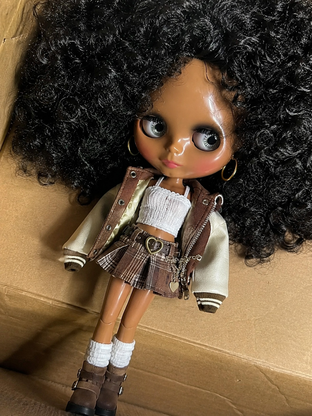 Super Black Skin 12” Blythe Doll Africa Afro Black Hair Wig Custom OOAK 1/6 BJD