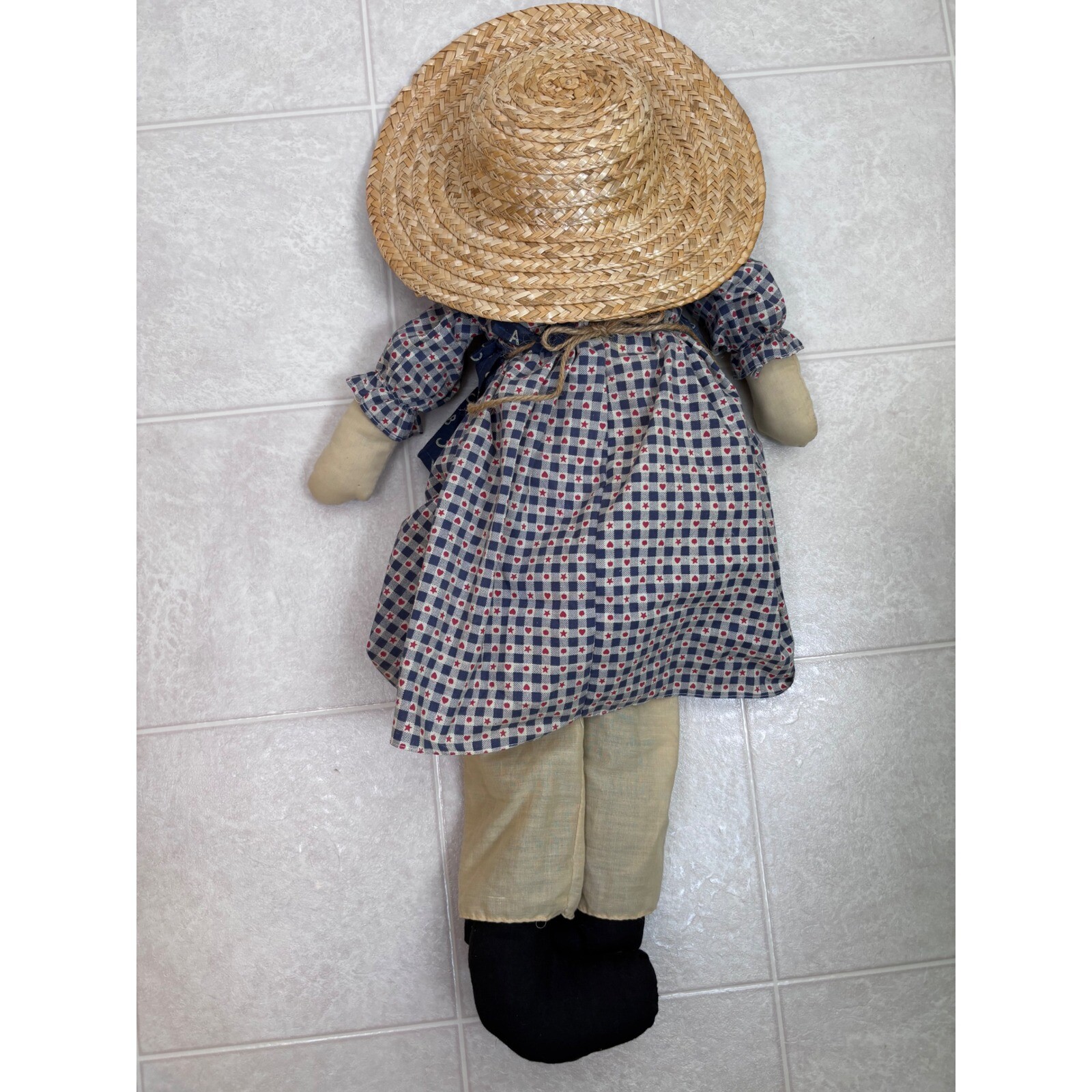 Vintage Handmade Rag Doll Country-core Decor Straw Hat ABC Dress 28″Decor