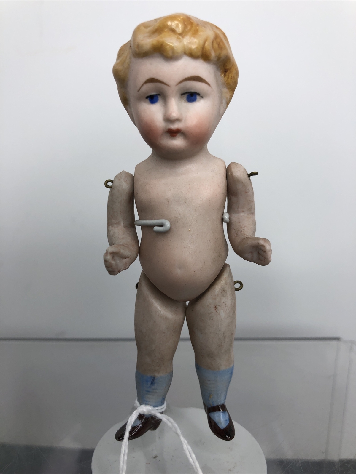 3.75” Antique German All Bisque Doll Jointed Limbs Blonde Molded Hair Shoes SF2