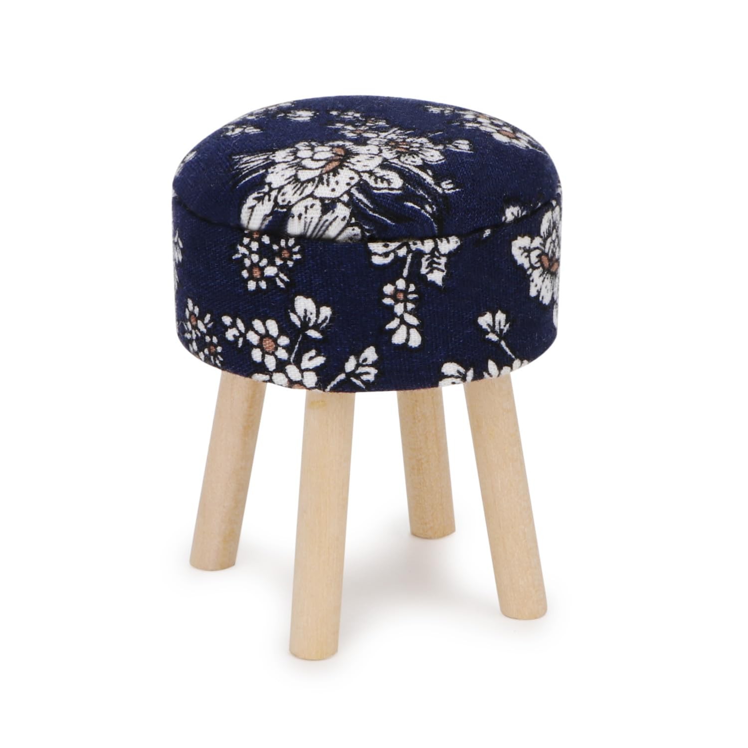 Miniature 1:12 Scale Blue Round Upholstered Wooden Dollhouse Stool Decor