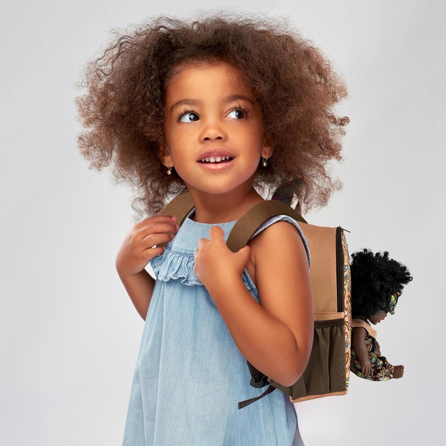 Black Baby Doll in Take Along Backpack Carrier, 10in American African Girl Do…