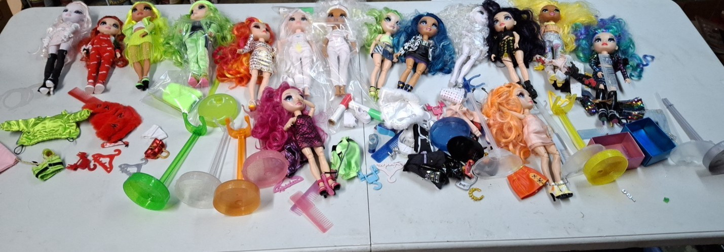 Rainbow High Doll Lot of 15 Dolls, Stands, Clothing, Shoes, Accessories