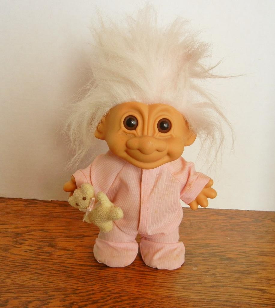 Berrie Sleepy Time Russ Troll Doll Pink Jammies and Teddy Bear 7″