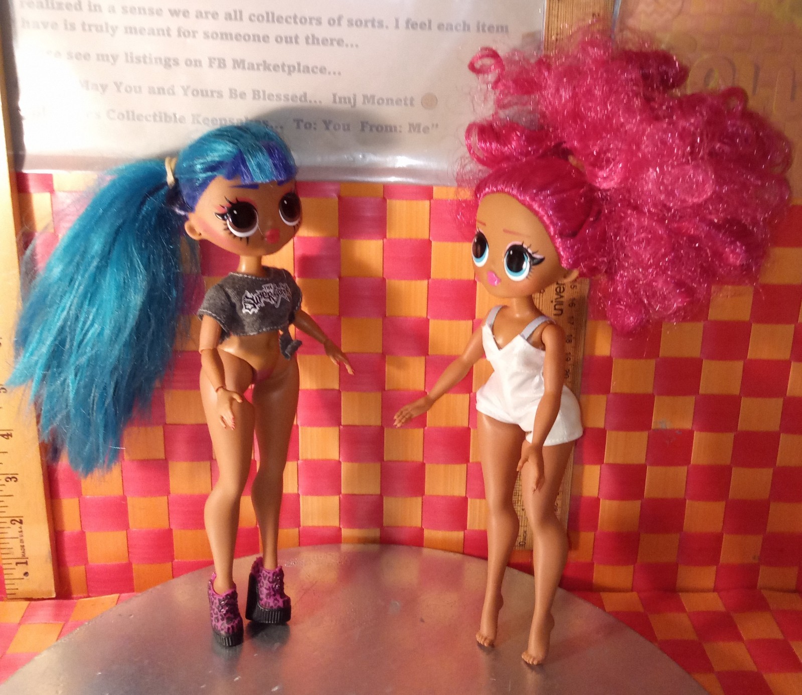 Dolls, OMG, Girl with blue hair and Girl in white outfit (UK), both 2019, 10″h b