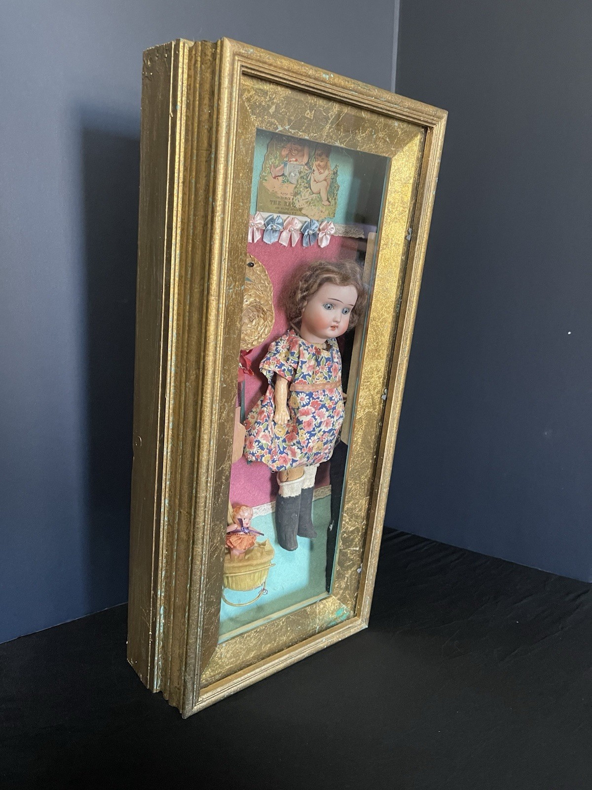 Antique Schoenau & Hoffmeister Bisque Head Doll Shadowbox Display Folk Art