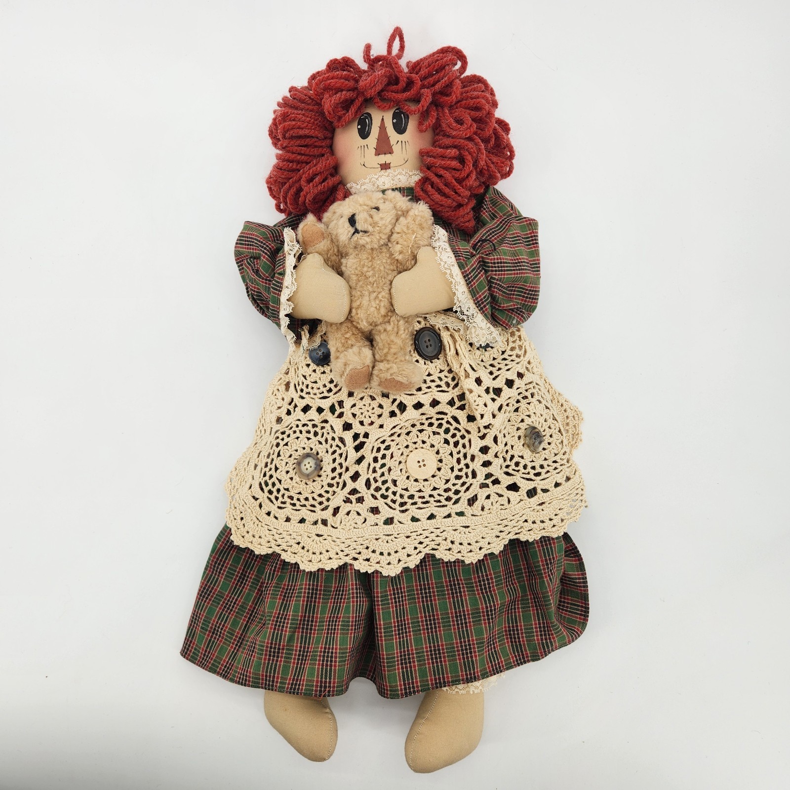 Vintage 21in Hand Made Raggedy Ann Doll Curly Red Hair Crochet Dress Buttons