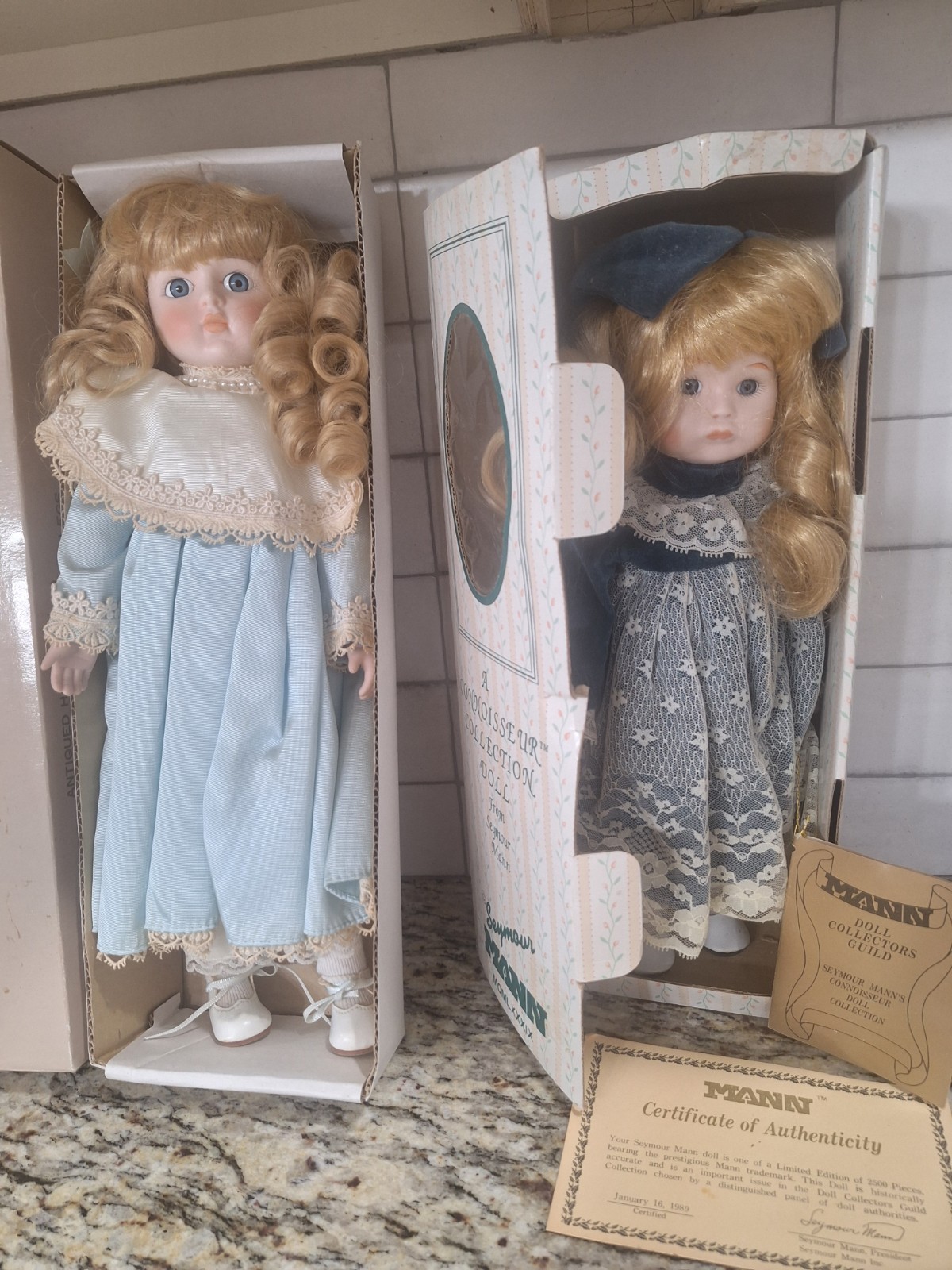 VTG 1980s Seymour Mann Collectible Porcelain Dolls In Original Boxes, COA