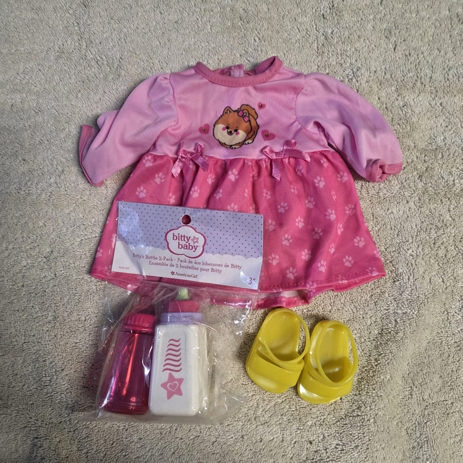 American Girl Bitty Baby Doll Accessory Lot Bottles Dress Yellow Shoes