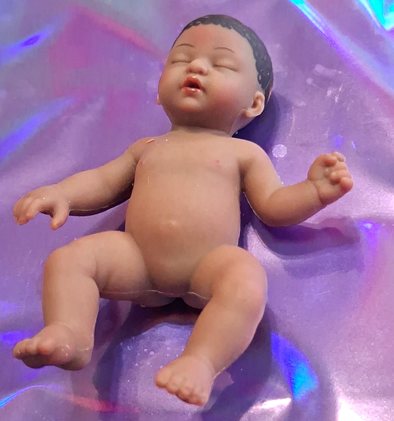 Plastic Baby Girl Doll Medium Complexion Molded Black Hair Eyes Closed