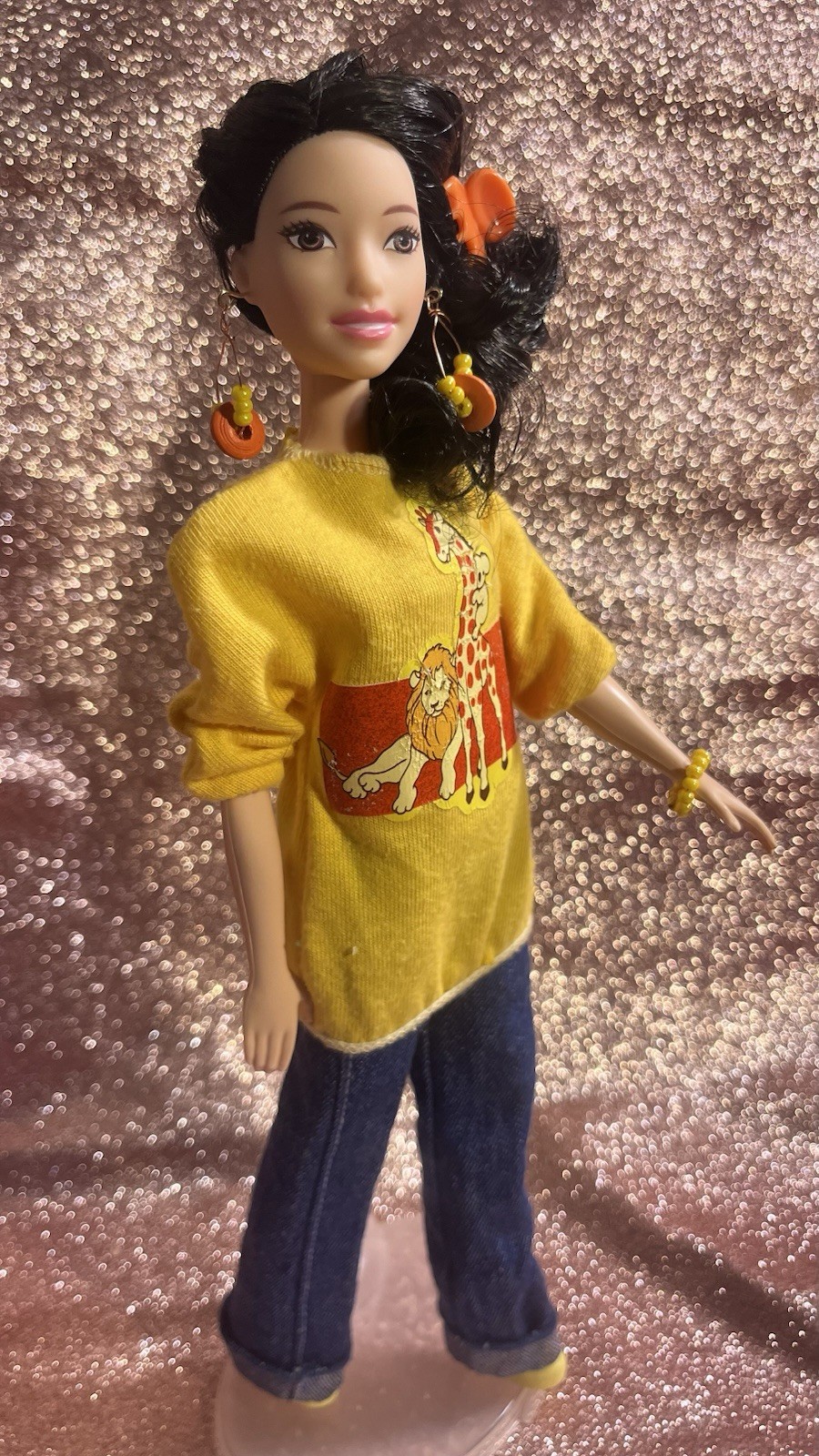 Asian Barbie Fashionistas Doll, redressed Brunette ooak earrings & bracelet