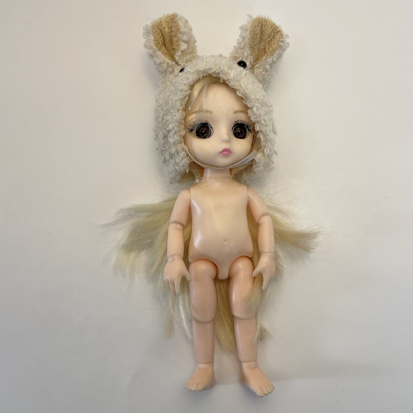 BJD Plastic Anime Doll Bunny Hat Brown Eyes Rooted Hair 7”