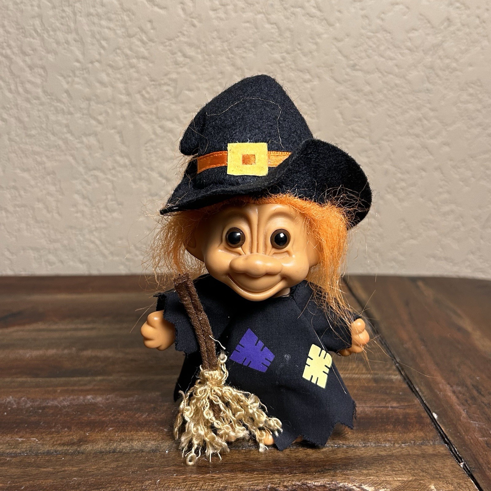 Vintage Russ Troll Doll Witch Costume Halloween Decor 6″ Orange Hair & Broom