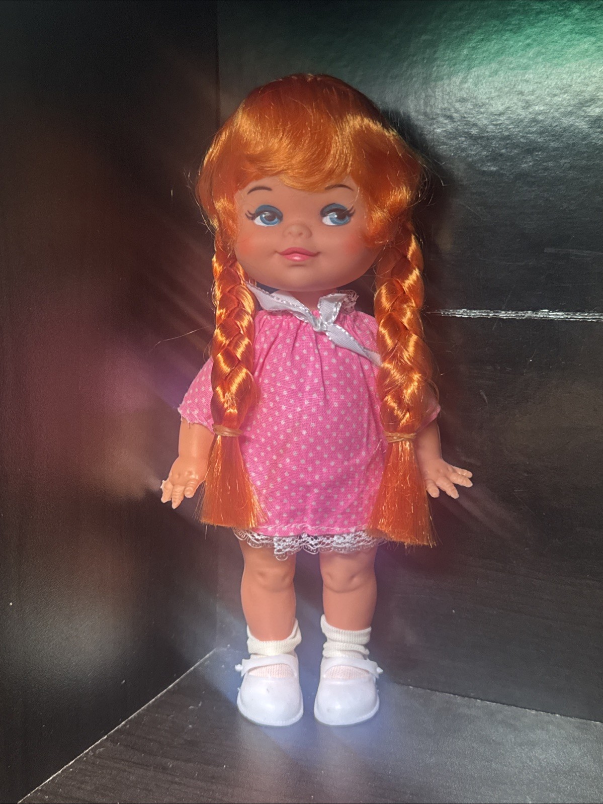 Vintage Little Angel Braided Red Head Hair & Pink Dress 1970’s Doll Hong Kong