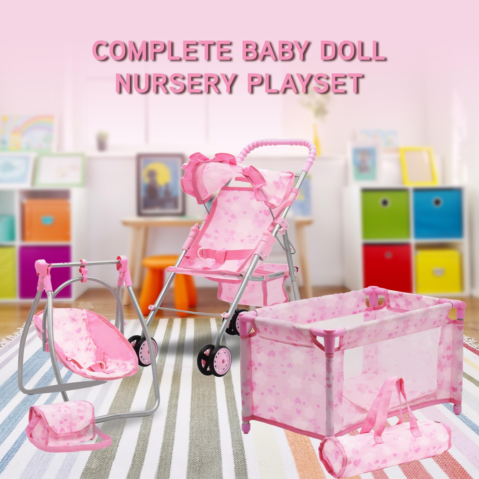 Baby Doll Stroller Bed and Swing Nursery Playset, Baby Doll Accessories Furni…