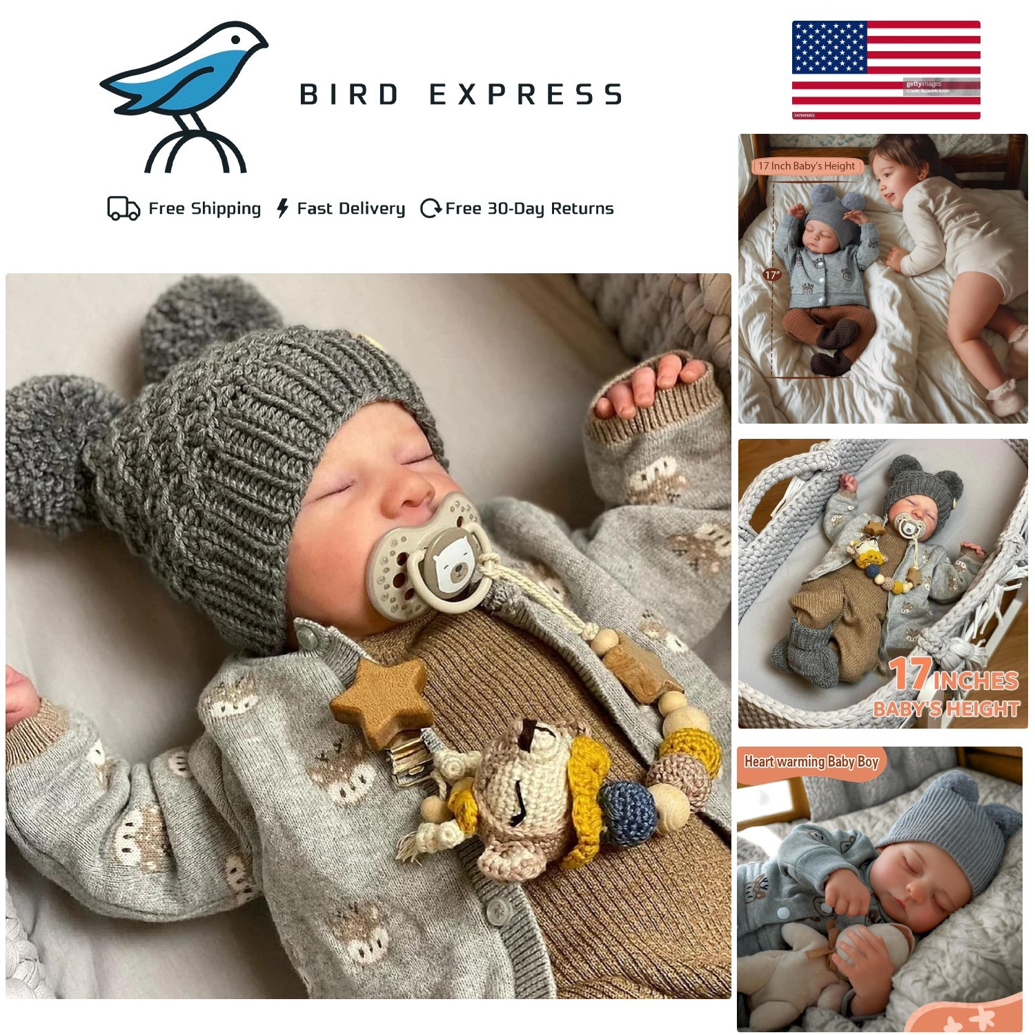 17-Inch Soft Body Reborn Baby Doll – Realistic Boy with Accessories for Ages 3+