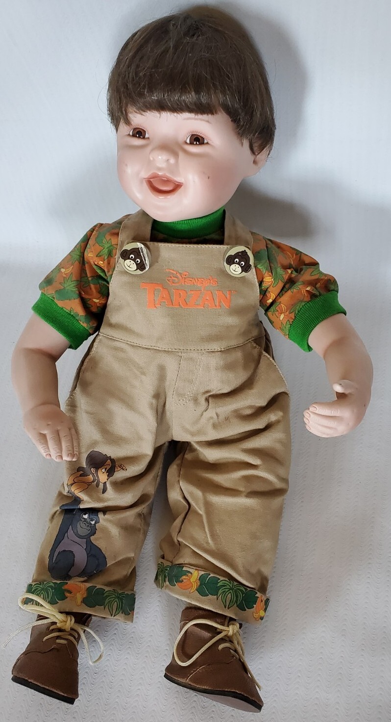 Disney’s Tarzan Ceramic Doll Boy With Overalls Brown Hair 15″