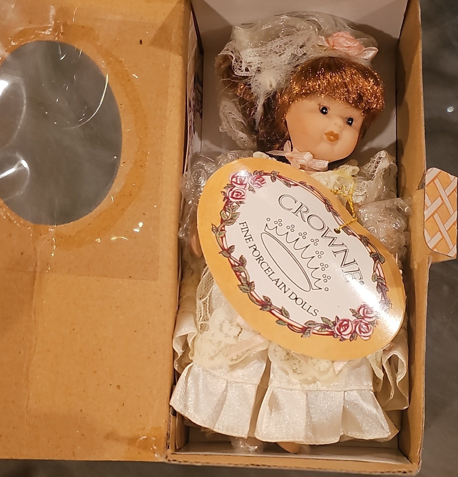 Crown Porcelain Collector Doll June 85957 Jointed Body Curly Brown Hair Box