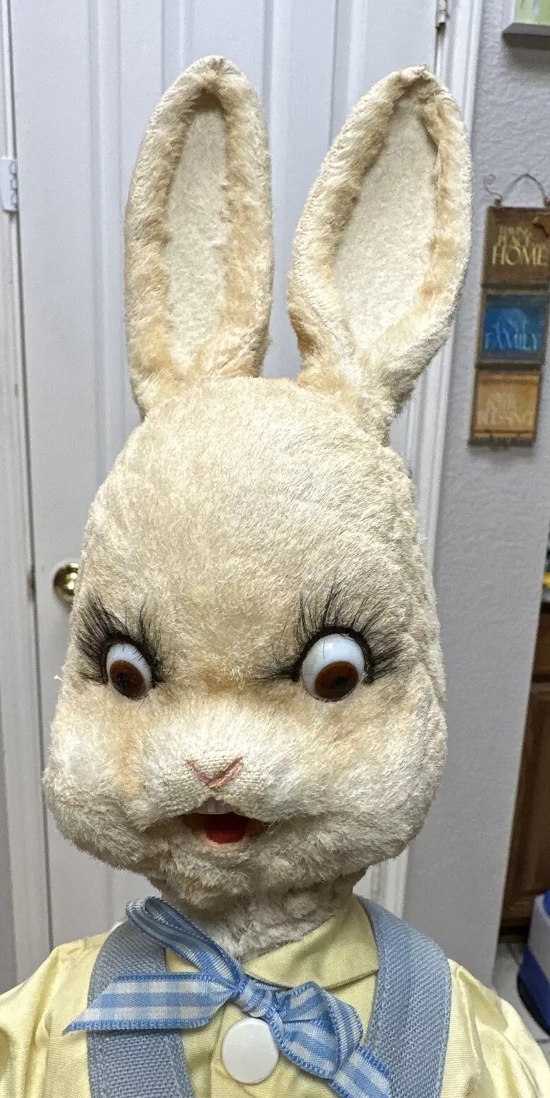 Large Vintage 21″ West Germany Rabbit Couple – Glass Eyes & Mechanical Heads