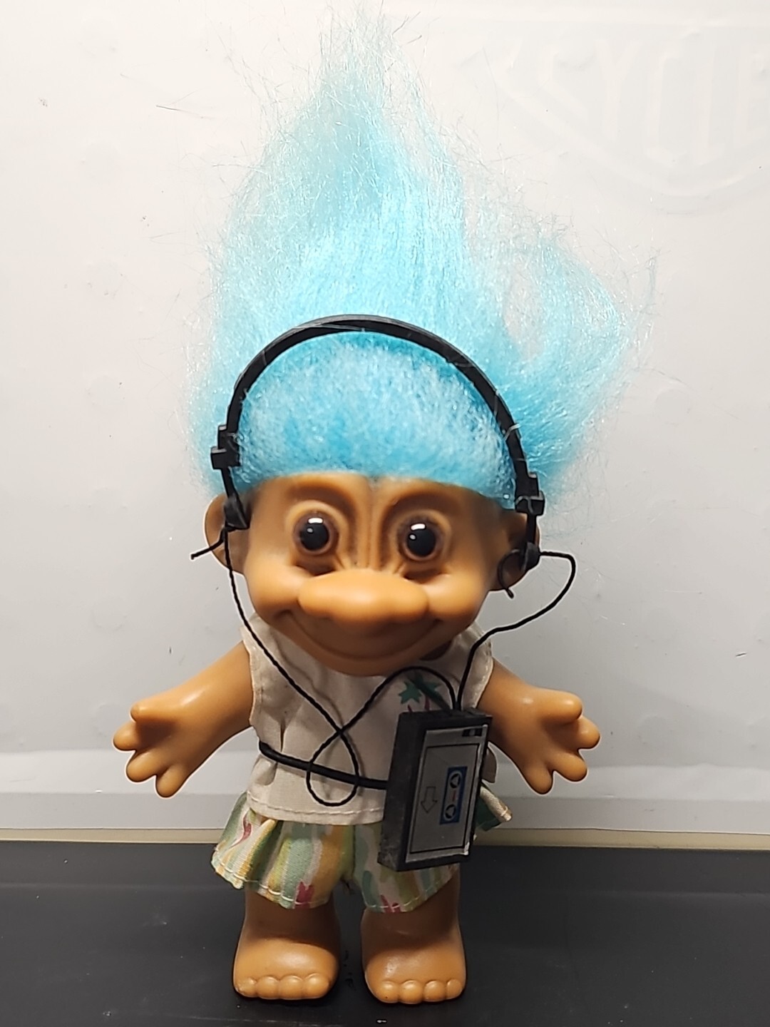 Vintage Russ Troll Doll Walkman Music Headphones Figurine Aqua Blue Hair