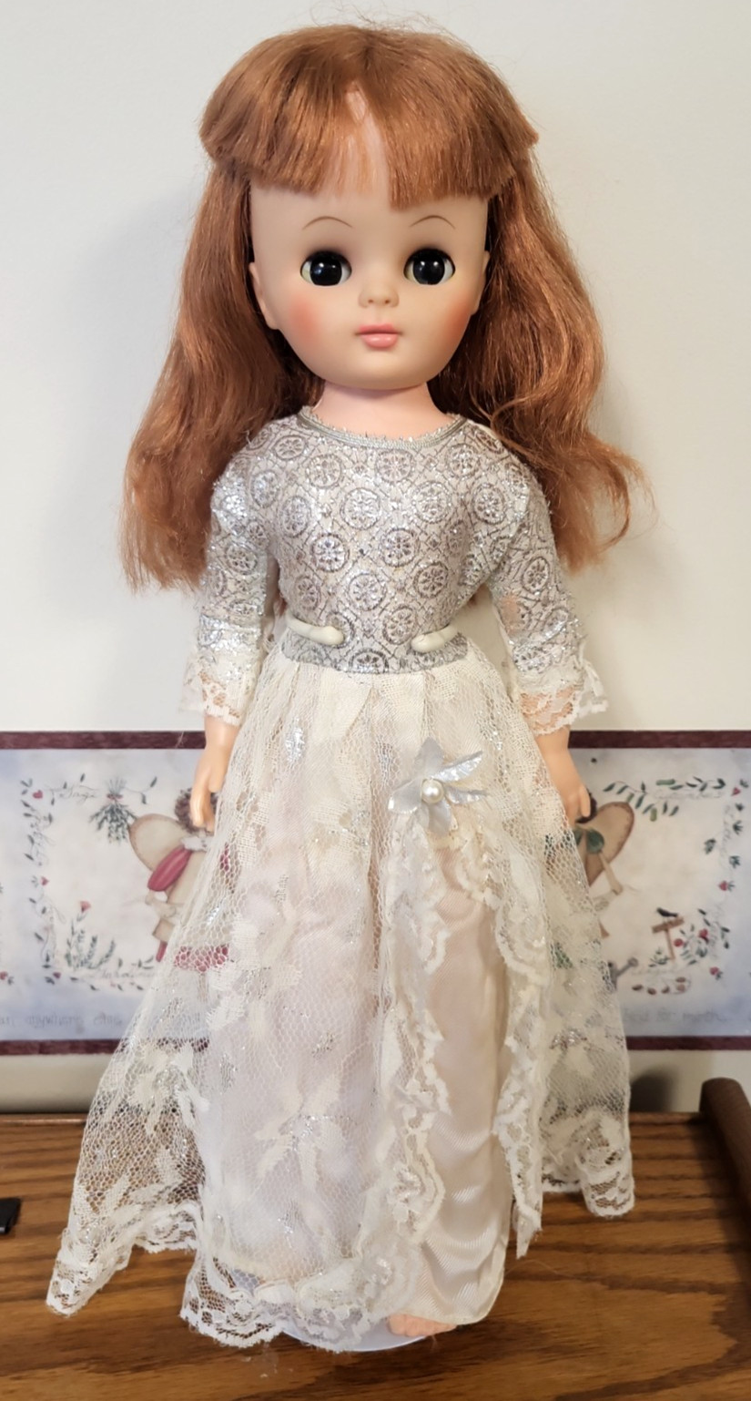 Eegee Plastic Doll Auburn Hair Sleepy Eyes 17″ In White/Silver Gown 1967 No Shoe