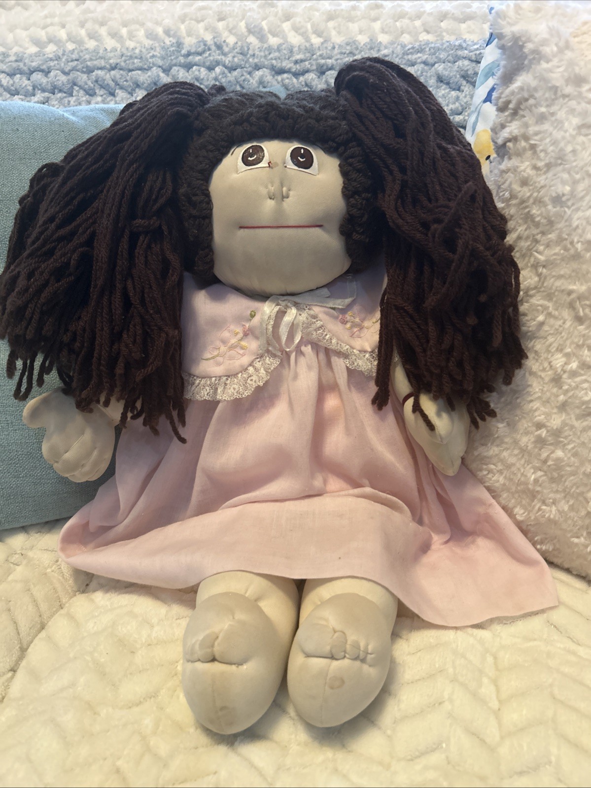 Vintage Handmade Cloth 21″ Cabbage Patch Like Doll Brown Yarn Hair Collectible