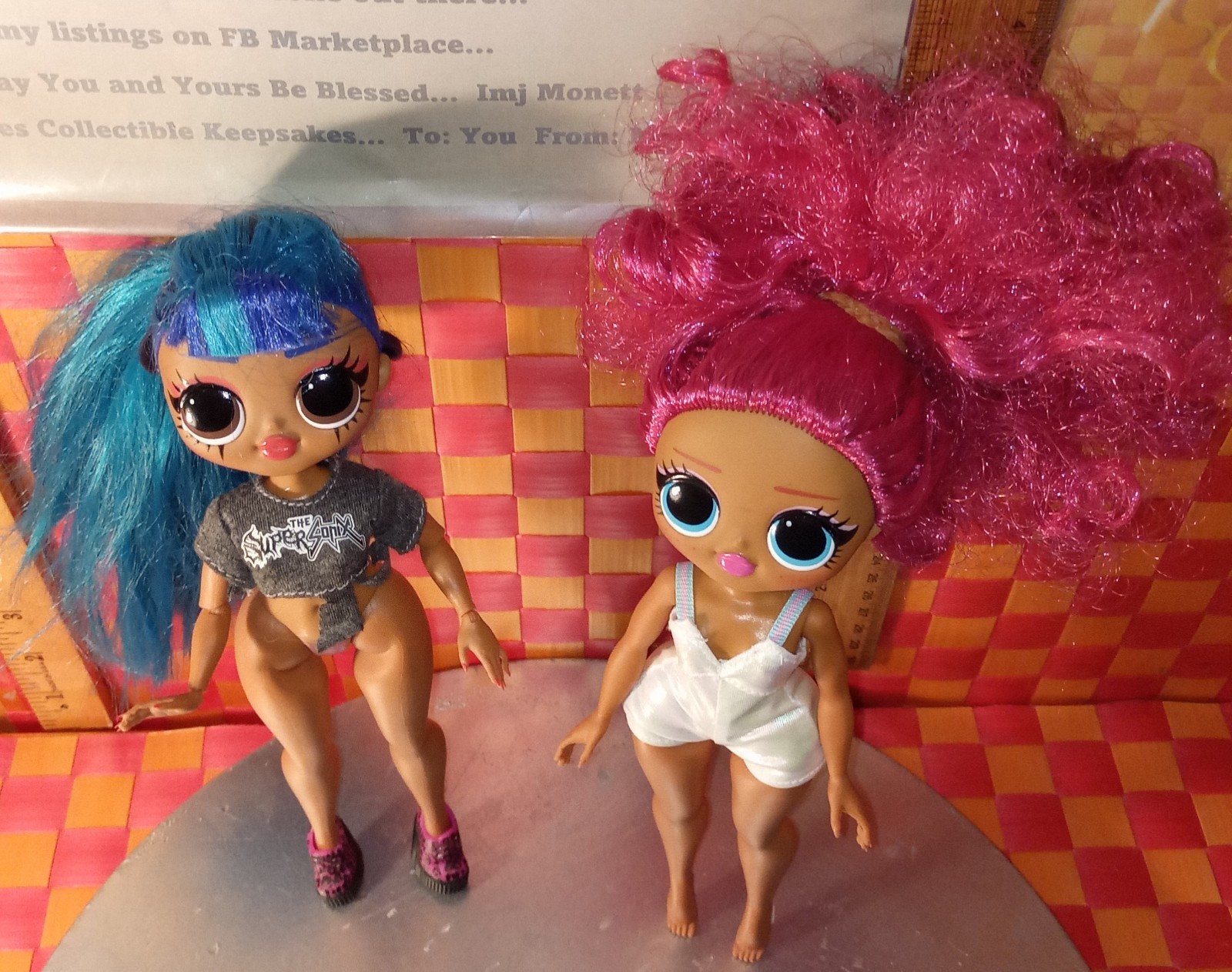 Dolls, OMG, Girl with blue hair and Girl in white outfit (UK), both 2019, 10″h b