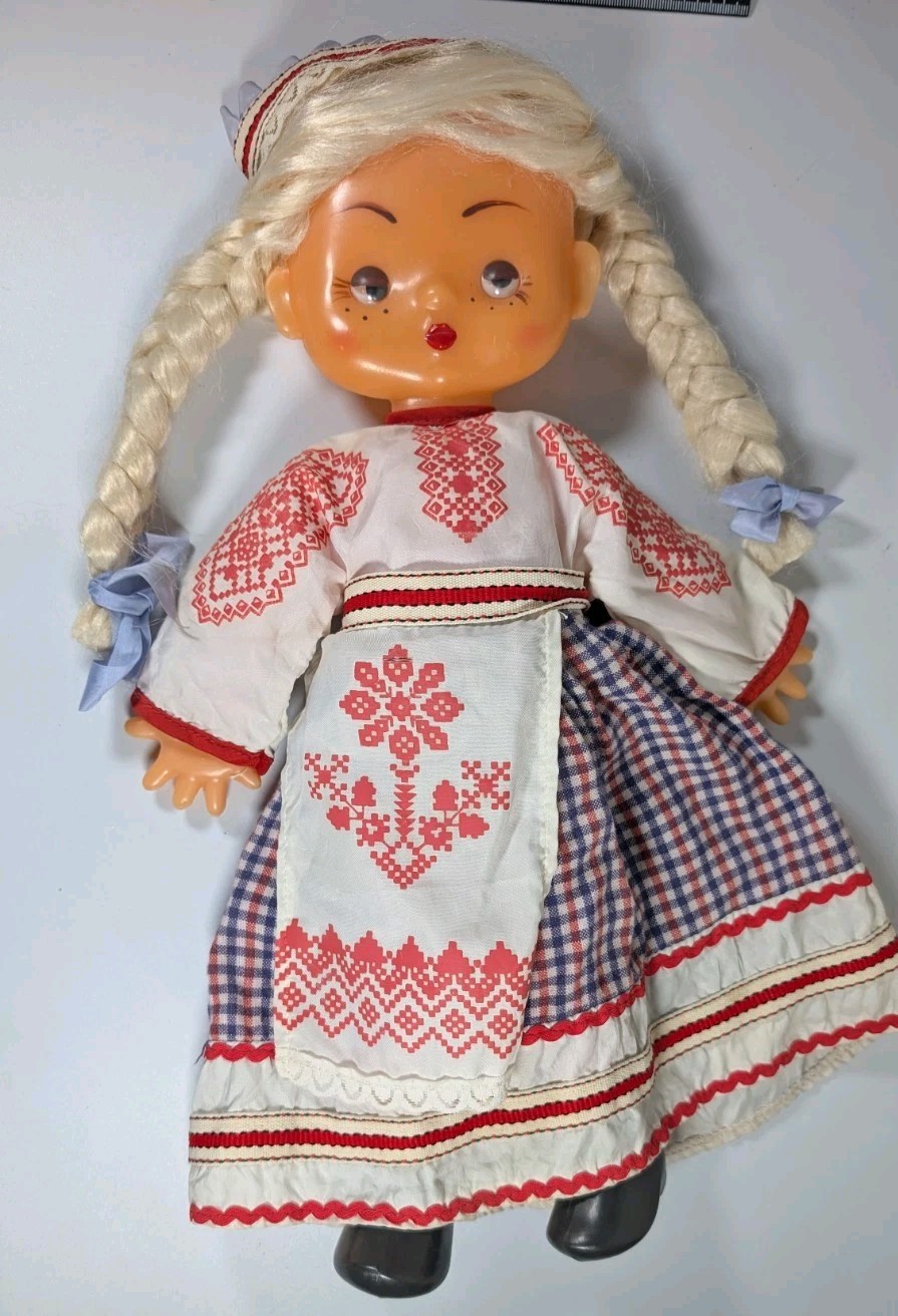 VTG Soviet Costume Doll USSR Girl Souvenir Cloth Plastic Moscow Toy Krugozor