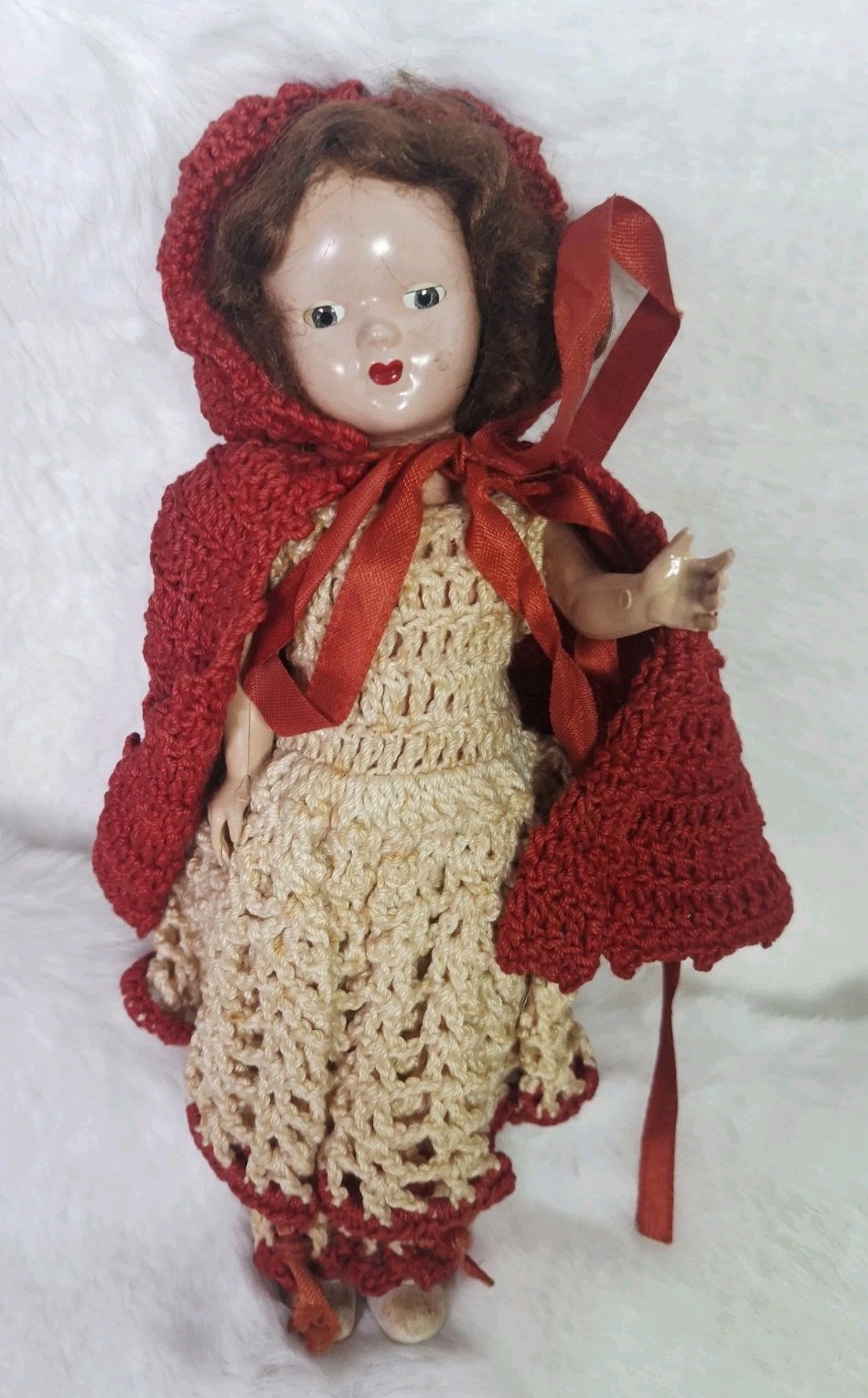 VTG Little Red Riding Hood Doll & Crochet Handmade Crochet Cape Dress Pants RARE