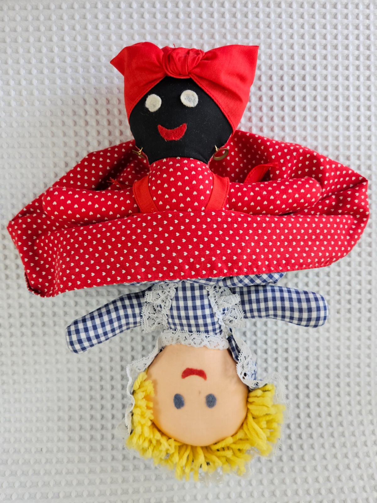 Vintage Topsy Turvy Folk Art Dark & Light Skin Rag Doll 2 in 1 Reversible 14″