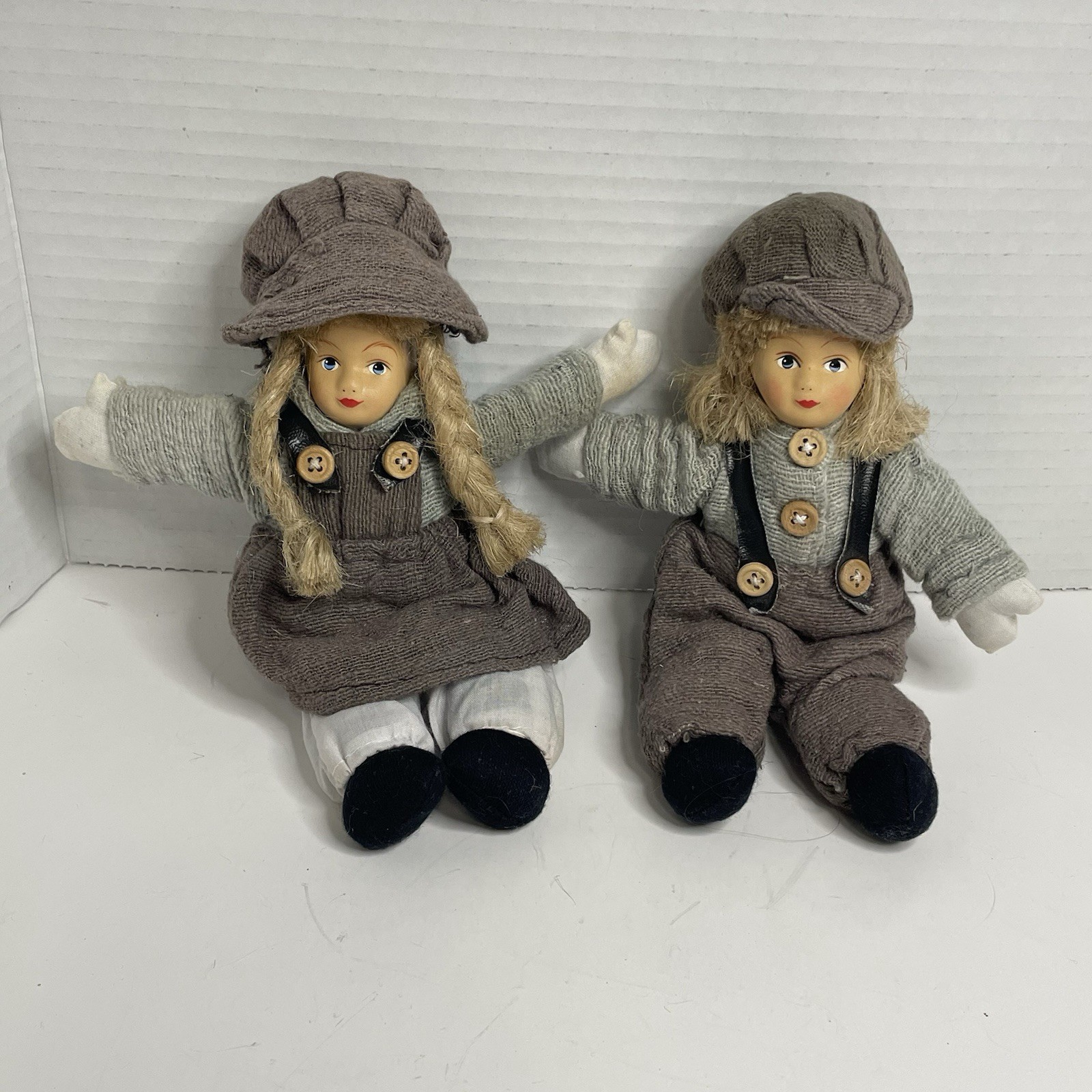 8” Pair Of Porcelain Boy And Girl German Dolls Overall Outfits