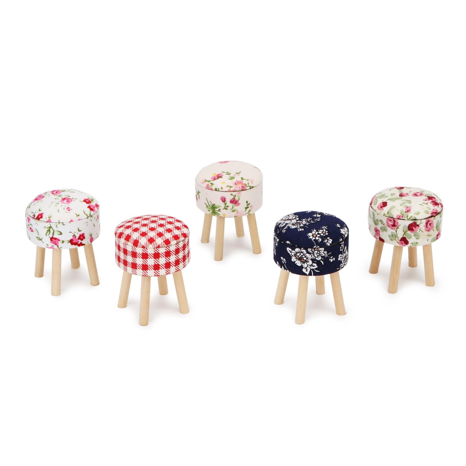 Miniature 1:12 Scale Blue Round Upholstered Wooden Dollhouse Stool Decor