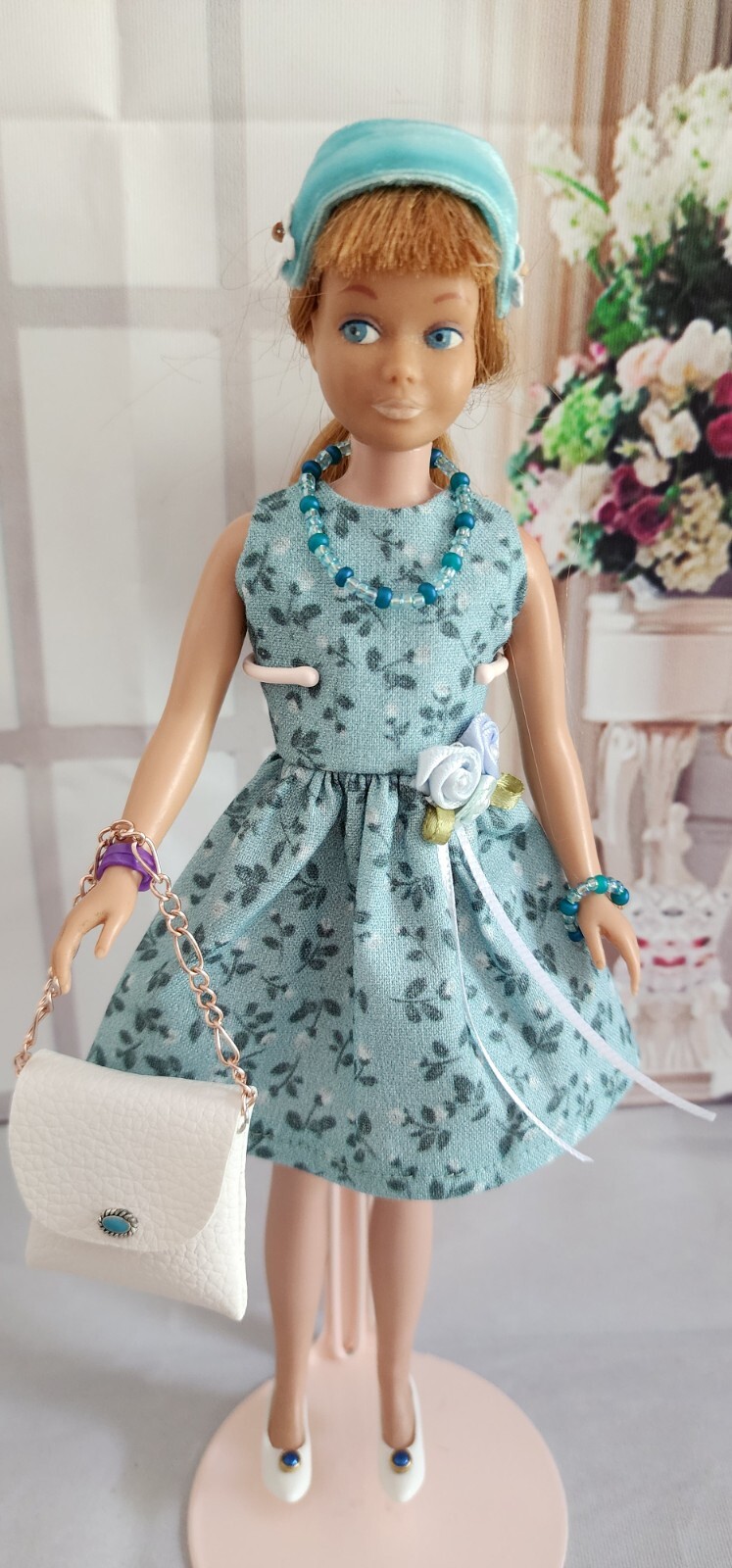 HANDMADE FOR VINTAGE SKIPPER BARBIE DOLL BLUE TINY FLOWERS DRESS SET
