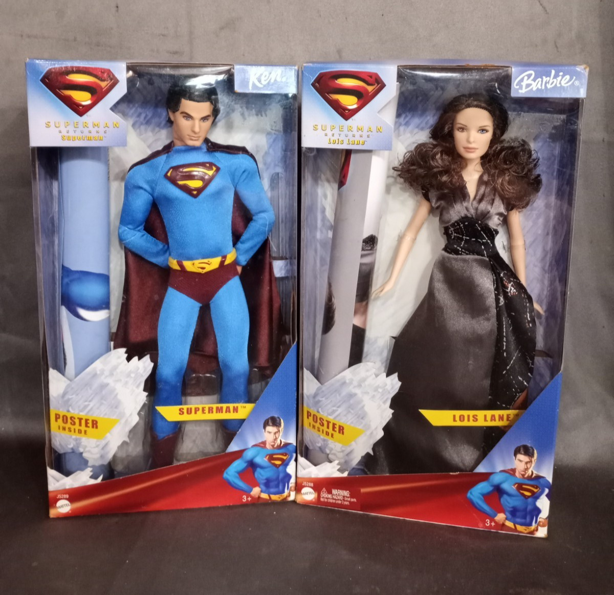 2005 Mattel DC Superman Returns Barbie & Ken Dolls w/Posters