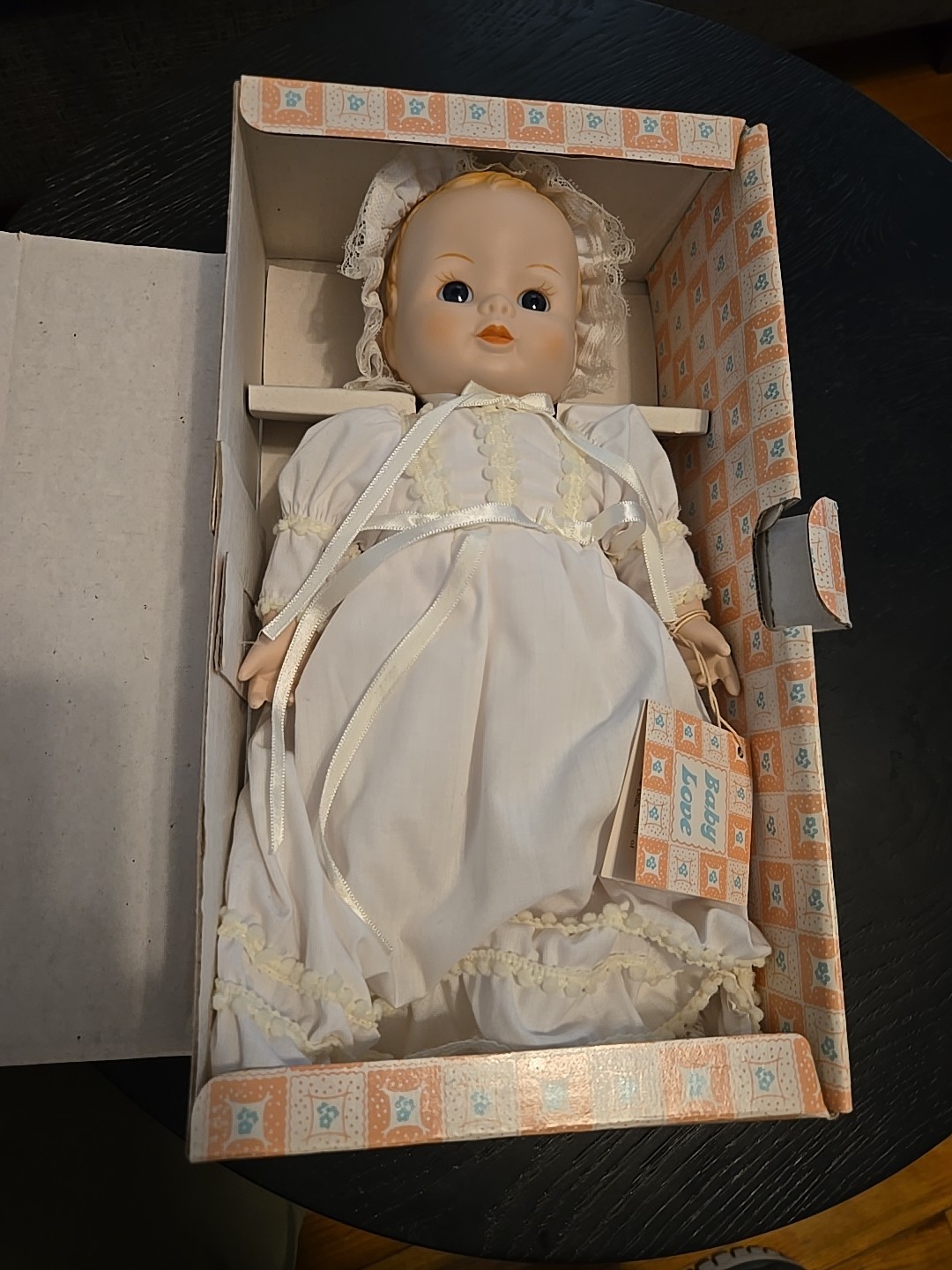 Porcelain Baby Love Russ with Box Bonnet White Dress Blue Eyes Vintage Doll