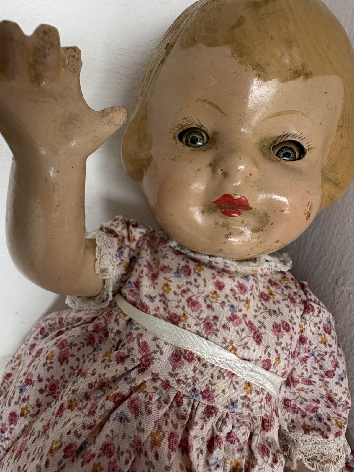 Antique 1910s Unmarked Patsy-Type Composition Doll 13” Handmade Homespun Dress