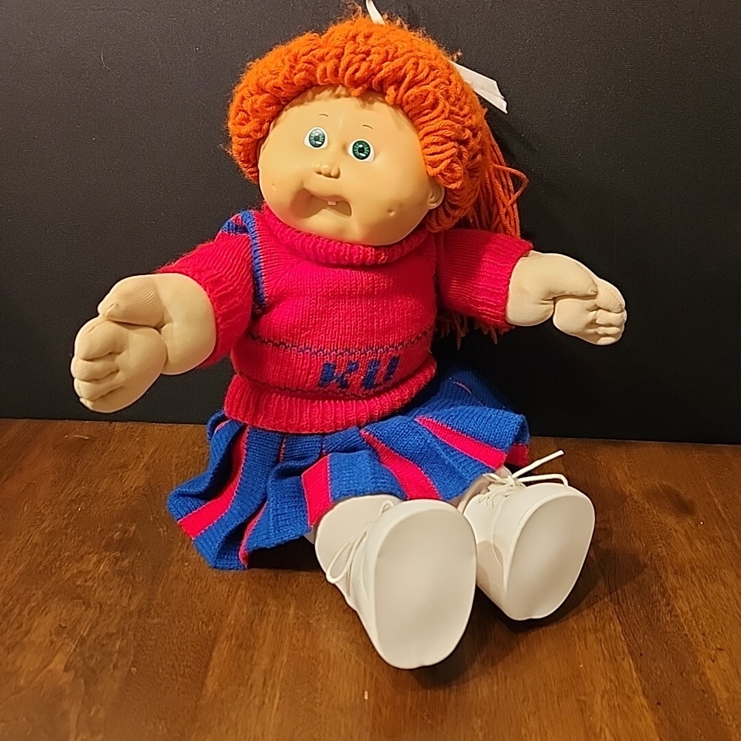 1986 Cabbage Patch Kid Red Hair Single Ponytail Tooth Knit KU Cheerleader Outfit