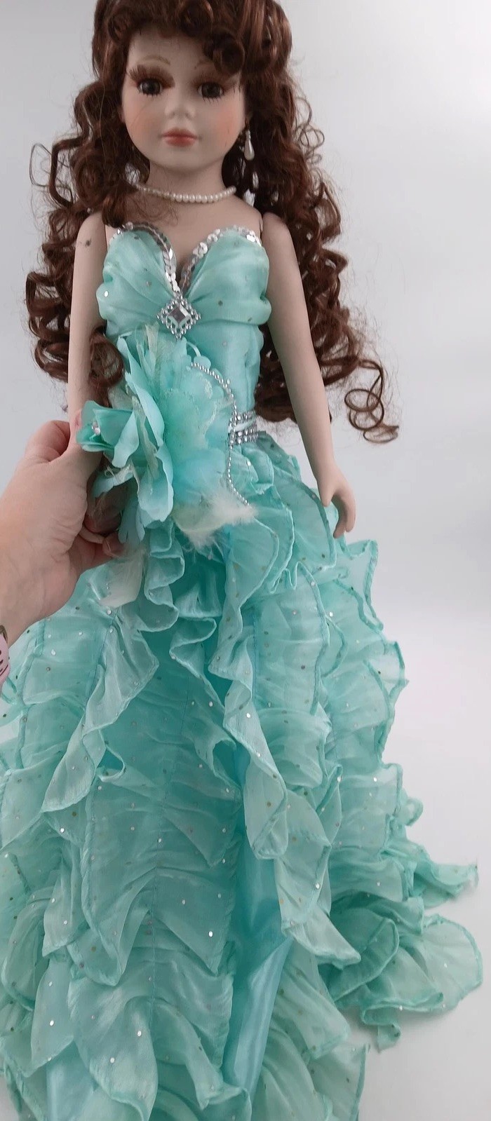 Porcelain Girl Doll 30 In Brown Curly Hair Aqua Ruffle Ball Gown Prom Display