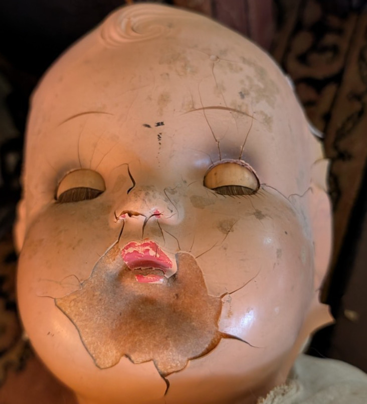 Antique Composition Creepy Doll Haunted House molded hair 20″ (E3)